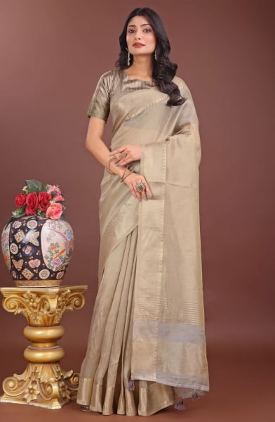 Beige Organza Printed Saree