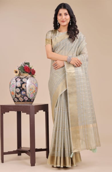 Beige Organza Woven Saree
