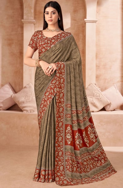 Beige Printed Crepe Casual Saree