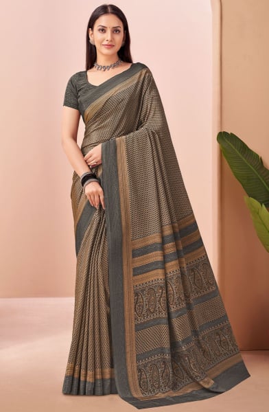 Beige Printed Crepe Casual Saree