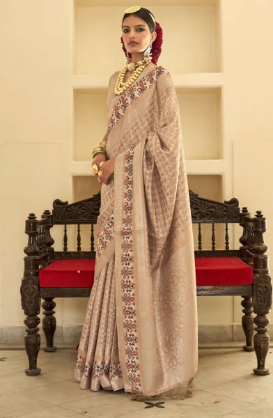 Beige Printed Silk Saree with Weaving