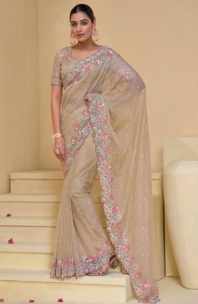 Beige Pure Banarasi Tuscany Designer Saree