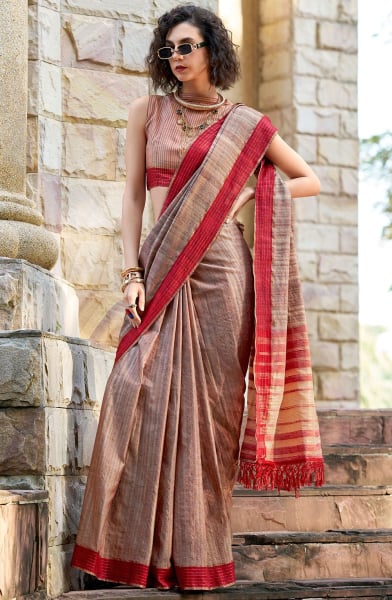 Beige Pure Handloom Katan Saree