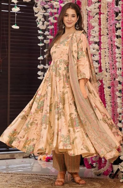 Beige Pure Muslin Plus Size Suit