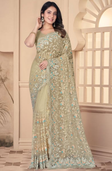 Beige Resham Embroidered Net Saree