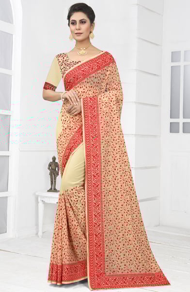 Beige Resham Embroidrered Georgette Saree