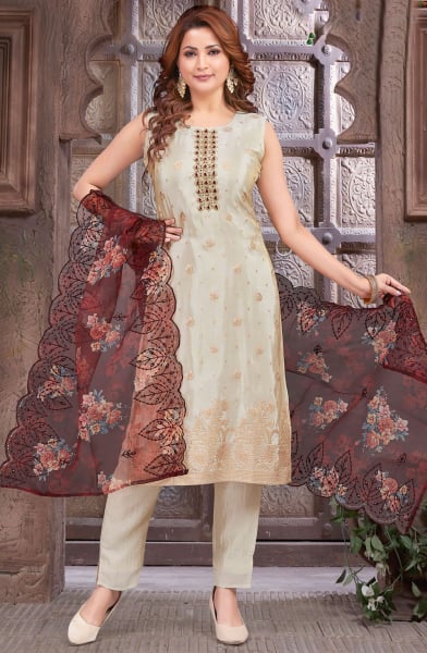 Beige Silk Embroidered Readymade Suit