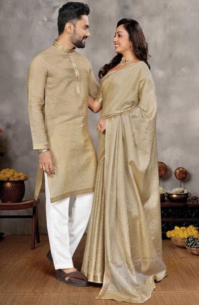 Beige Silk Festival Wear Couple Combo