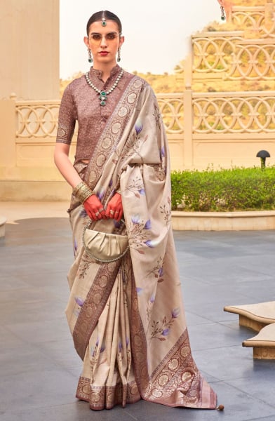 Beige Silk Floral Printed Saree
