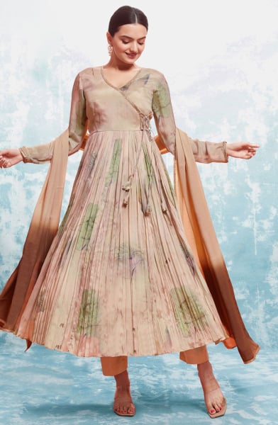 Beige Silk Readymade Anarkali Suit