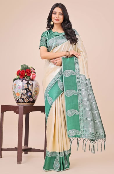 Beige Silk Woven Saree