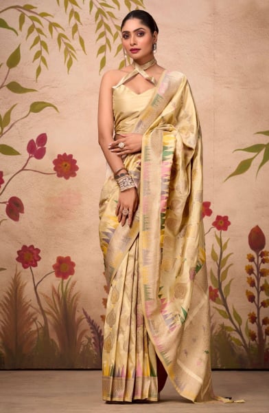 Beige Silk Woven Saree