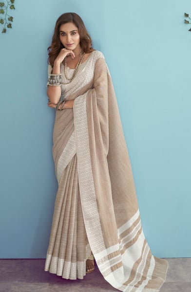 Beige Soft Linen Silk Saree