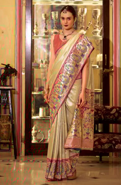 Beige Soft Tissue Silk Zari Woven Saree