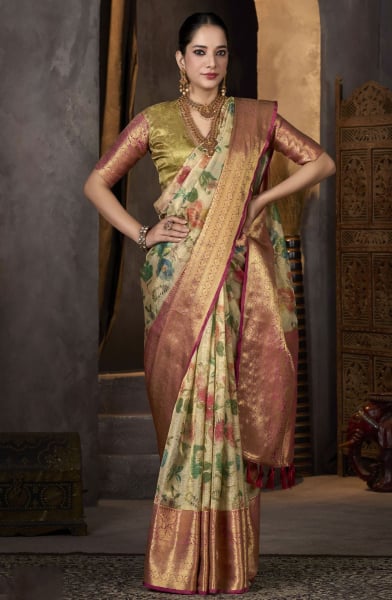Beige Tissue Party Wear Saree