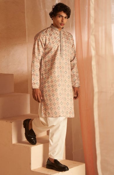 Beige Viscose Men Kurta Set