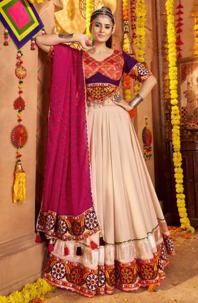 Beige Viscose Rayon Embroidered Chaniya Choli for Festival