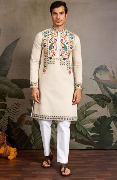 Beige Viscose Silk Embroidered Kurta for Festival