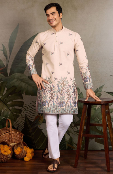 Beige Viscose Silk Kurta for Ceremonial