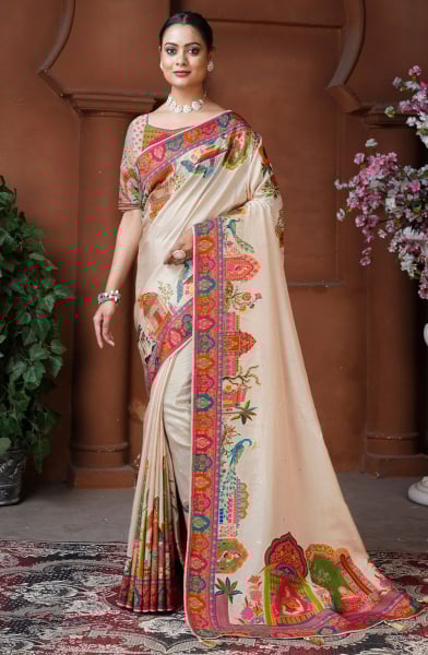 Beige Woven Dola Silk Designer Saree
