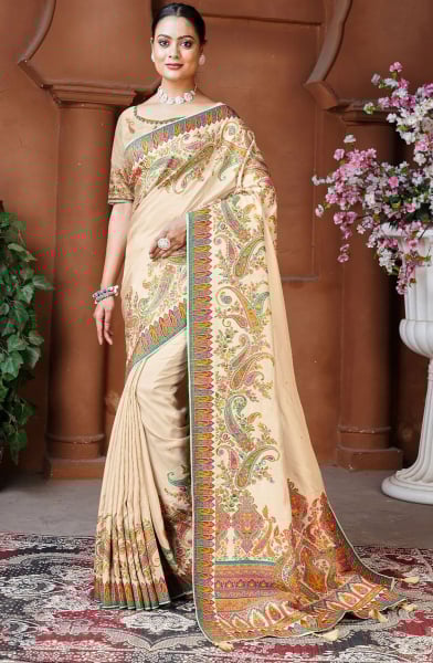 Beige Woven Dola Silk Designer Saree