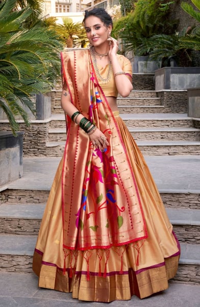 Beige Woven Jacquard Silk Lehenga Choli