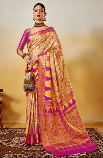Beige Woven Pure Handloom Dharmavaram Silk Saree