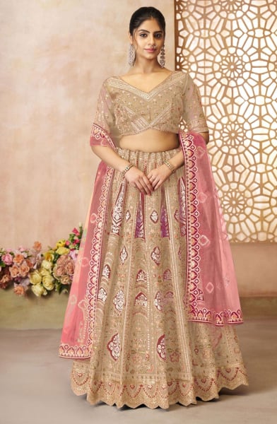 Beige Zari with Resham Embroidered Designer Lehenga Choli Set