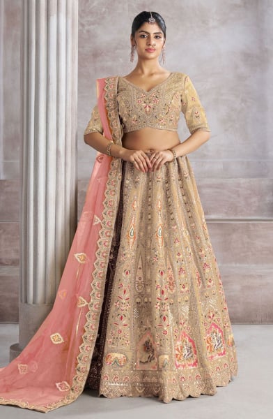 Beige Zari with Resham Embroidered Designer Lehenga Choli Set