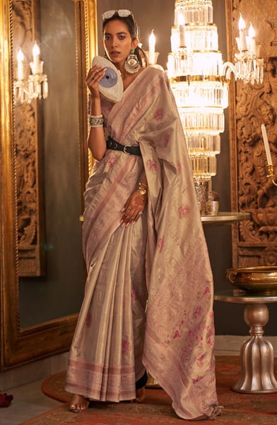 Beige Zari Woven Handloom Silk Saree