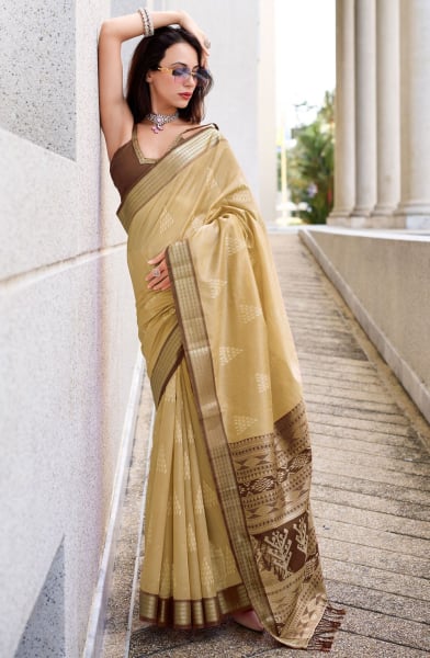 Beige Zari Woven Rayon Silk Saree
