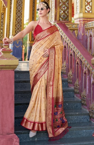 Beige Zari Woven Tussar Handloom Silk Saree