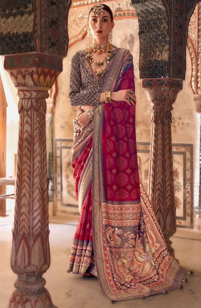 Berry Red Embellished Viscose Silk Saree