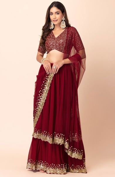 Berry Red Sequins Work Georgette Lehenga Choli