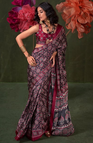 Black Ajrakh Print Satin Crepe Saree