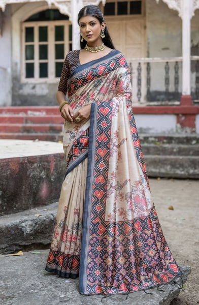 Black and Beige Soft Tussar Silk Saree