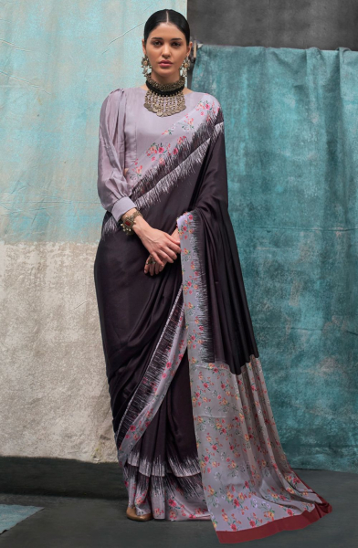 Black and Dusty Grey Digital Print Silk Crepe Saree