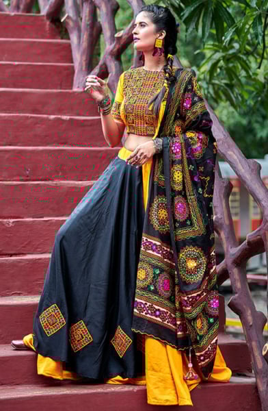 Black and Golden Yellow Cotton Chaniya Choli for Festival