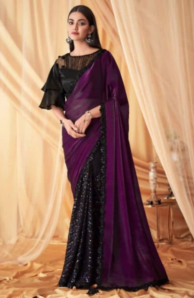 Black and Magenta Sequins Embroidered Designer Saree