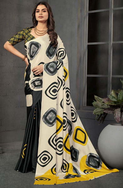 Black and Off White Printed Crepe Silk Saree