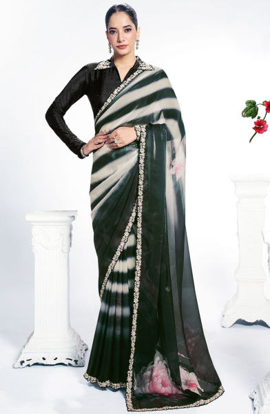 Black and Off White Satin Silk Saree for Ceremonial