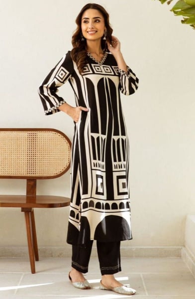 Black and Off White Slub Cotton Kurti with Pant