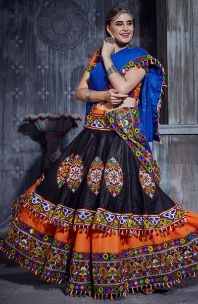 Black and Saffron Orange Gamthi Work Cotton Chaniya Choli for Festival