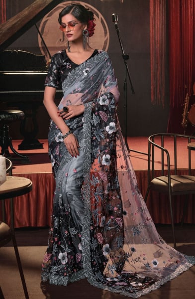 Black and Smoke Grey Hand Embroidered Designer Saree