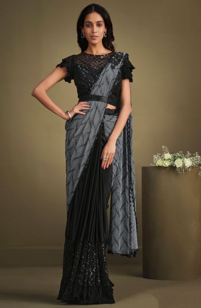 Black and Smoke Grey Sequins Embroidered Ready to Wear Saree
