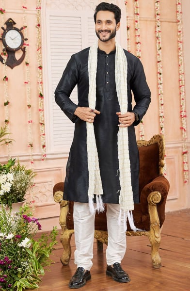 Black Art Silk Kurta Set with Stole