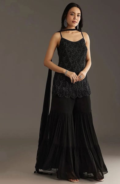 Black Beads Embroidered Faux Georgette Sarara Kameez
