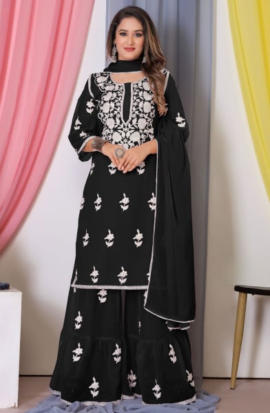 Black Bemberg Georgette Readymade Sarara Kameez