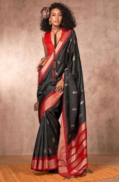 Black Bhagalpuri Silk Saree with Gadhwal Border