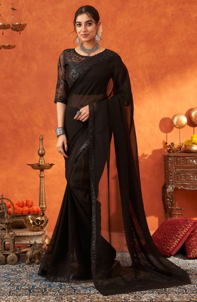 Black Chiffon Silk Saree with Embroidered Blouse